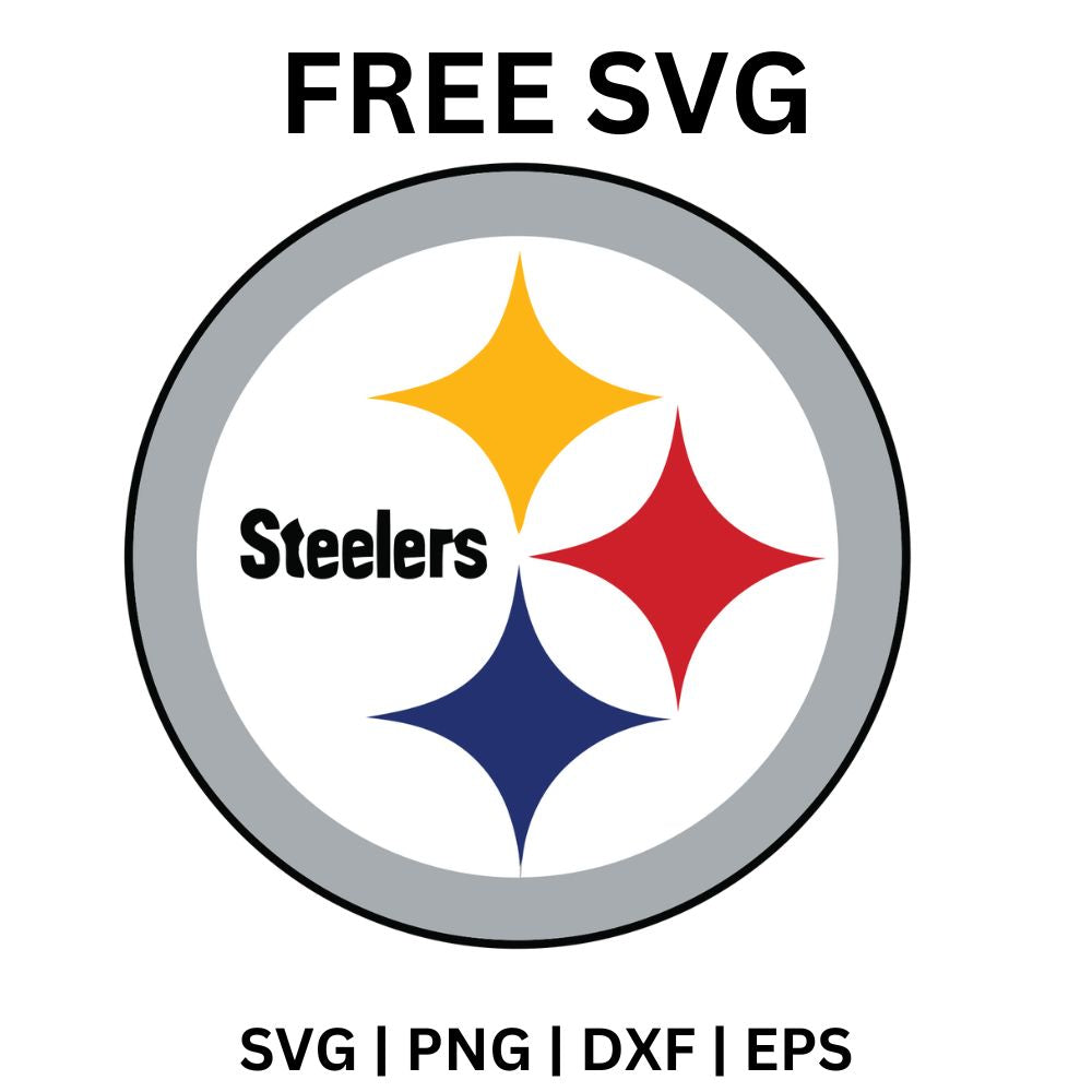 Gray ringed circle with black team lettering and three yellow, red and blue four point star shapes on white, free circle emblem SVG cut file preview.
