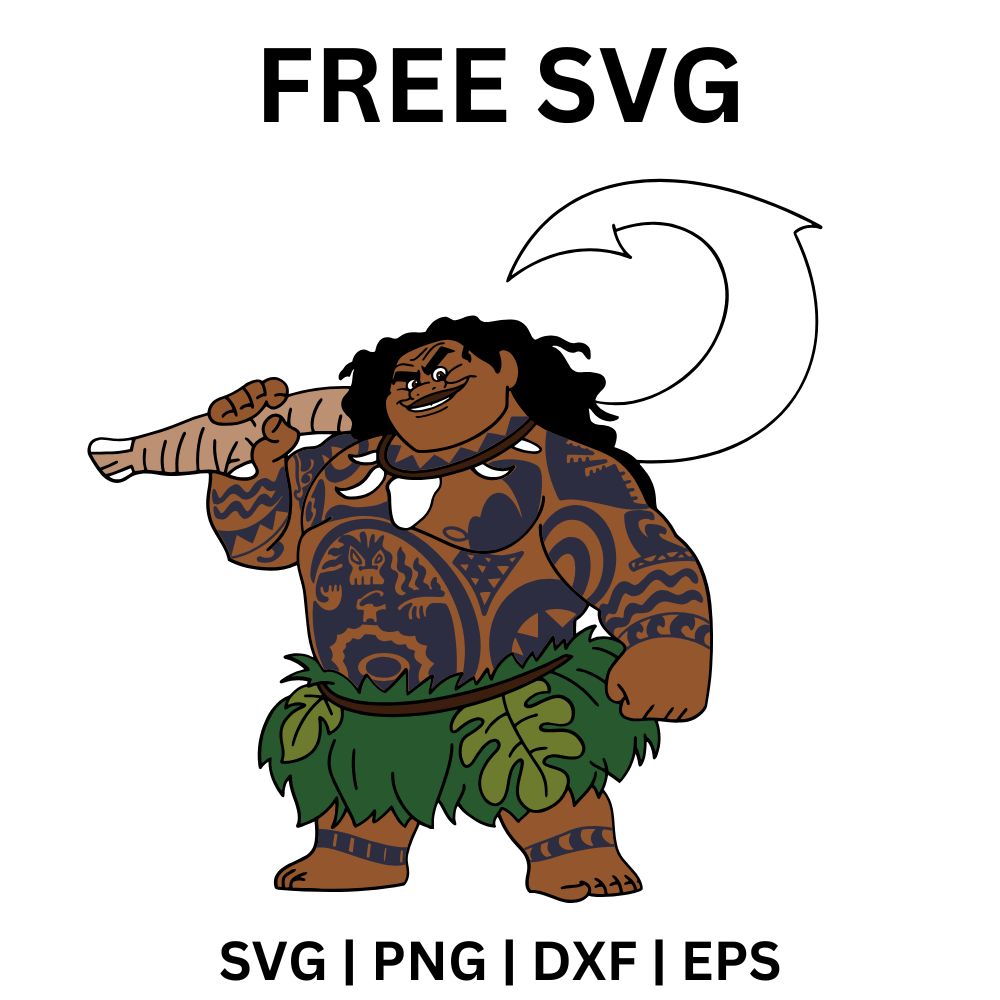 Grinning tattooed island warrior with a green leaf skirt and a fist on his hip resting a giant fish hook on his shoulder, free island warrior SVG cut file preview.
