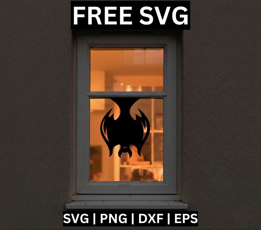 Black bat silhouette with spiky wings wrapped around its body, shown as a window cling on a warmly lit window, free Halloween window decoration SVG cut file preview.