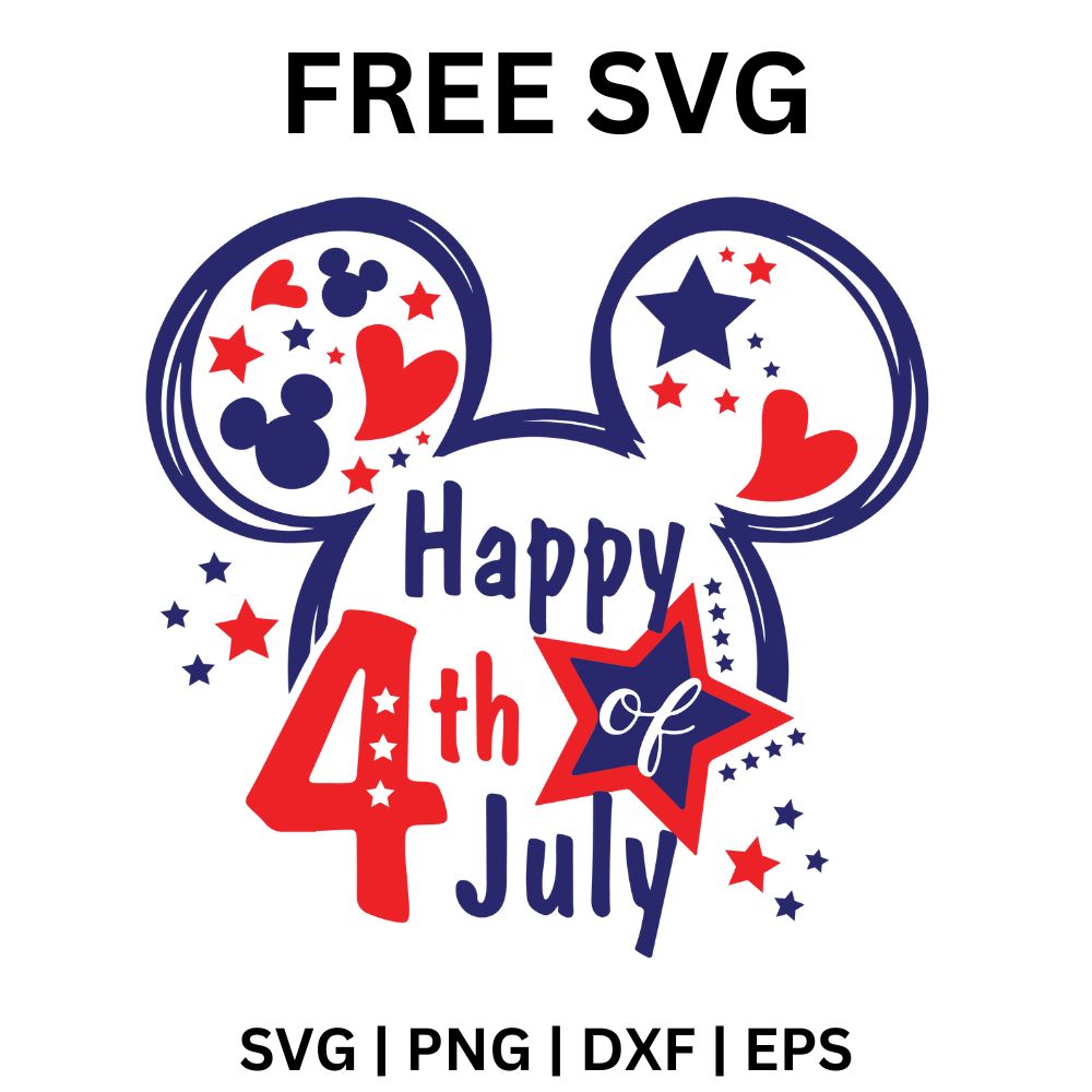 Round eared head outline in navy with red hearts and stars inside the ears and Happy 4th of July text in red and navy with a star burst, free happy 4th of July SVG cut file preview.