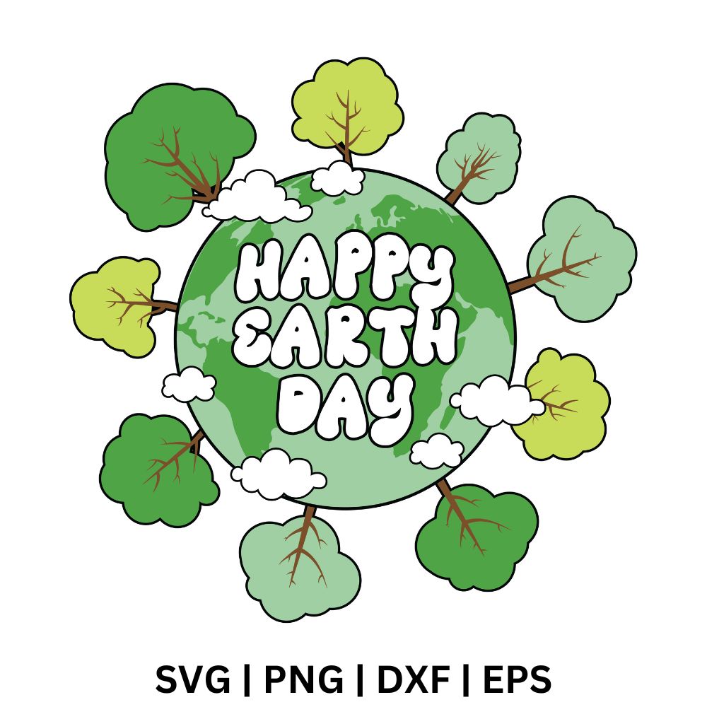 White bubble Happy Earth Day letters on a green globe surrounded by a ring of green cartoon trees and white clouds, free happy Earth Day trees globe SVG cut file preview.