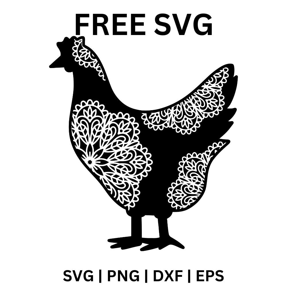 Black hen silhouette with white lace mandala patterns on the wing, tail and chest, free mandala chicken SVG cut file preview.