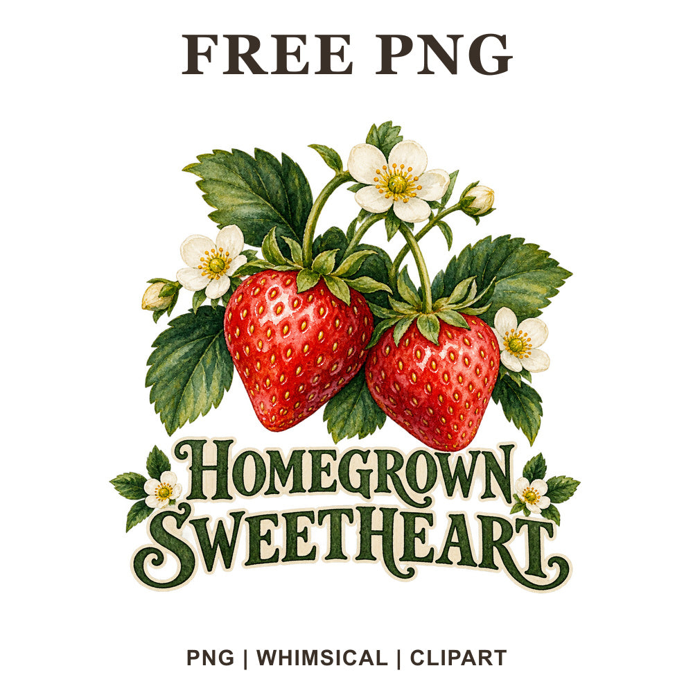 Homegrown Sweetheart vintage green lettering under two red strawberries with white blossoms and leaves, free baby onesie PNG clipart preview.