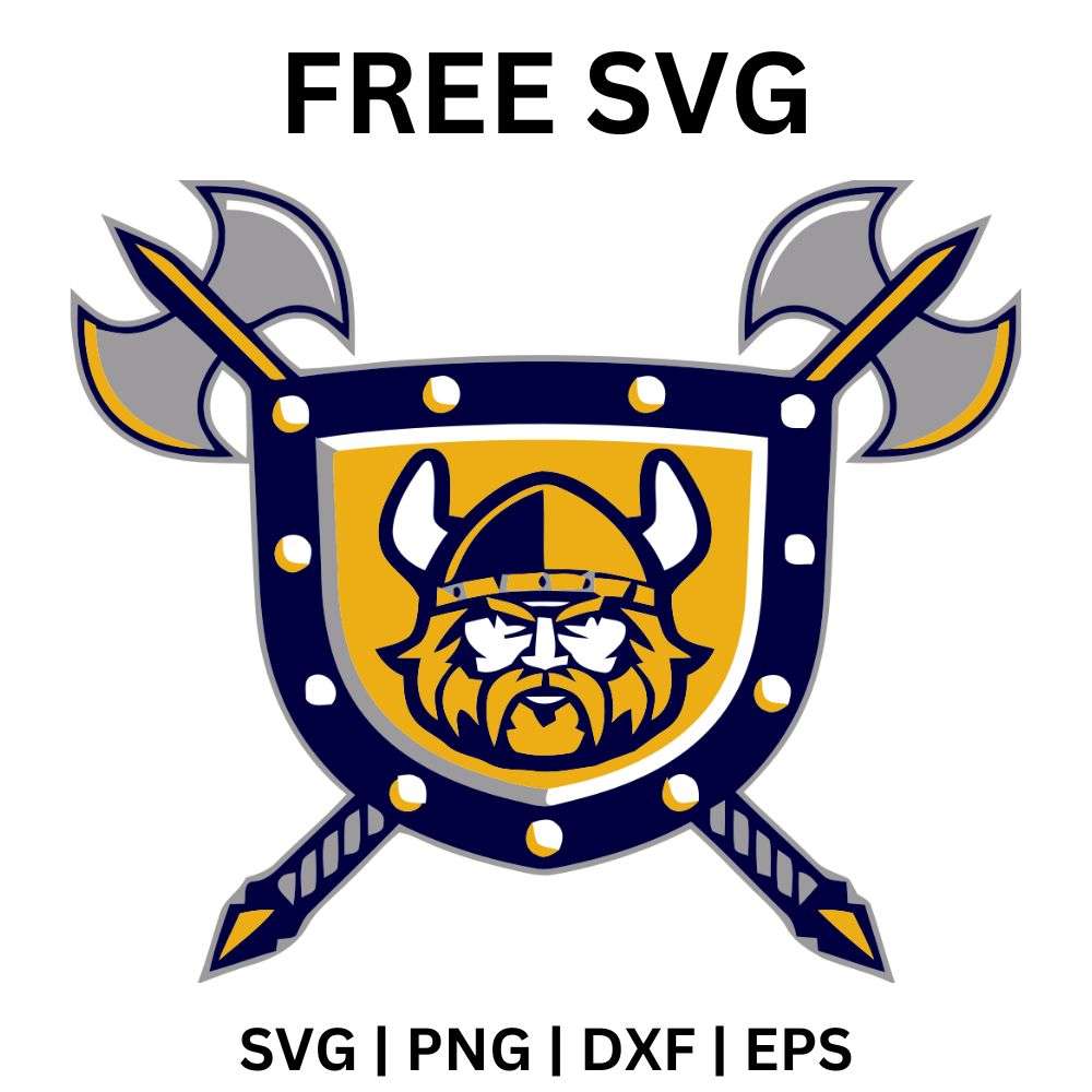 Bearded horned warrior face on a gold circle inside a purple and gold shield with two crossed battle axes behind, free warrior shield with axes SVG cut file preview.