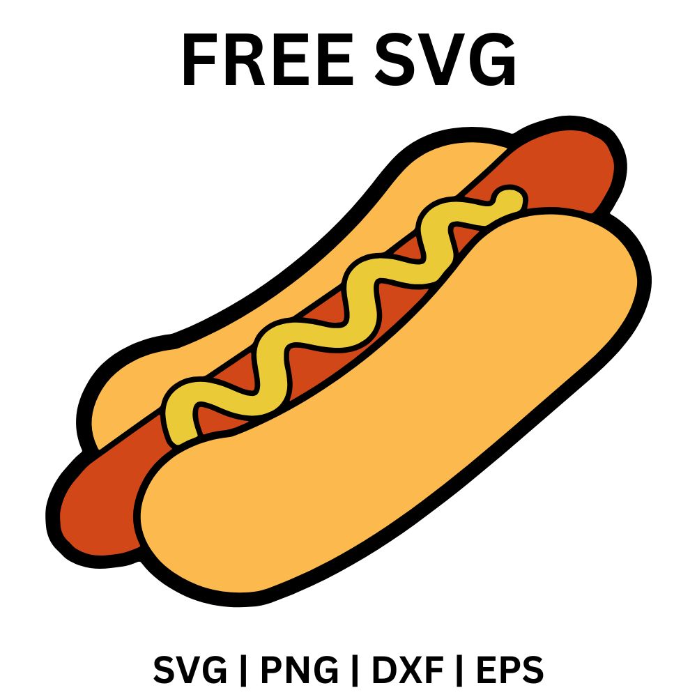 Cartoon hot dog in a golden bun with a red sausage topped by a yellow mustard zigzag, free hot dog SVG cut file preview.