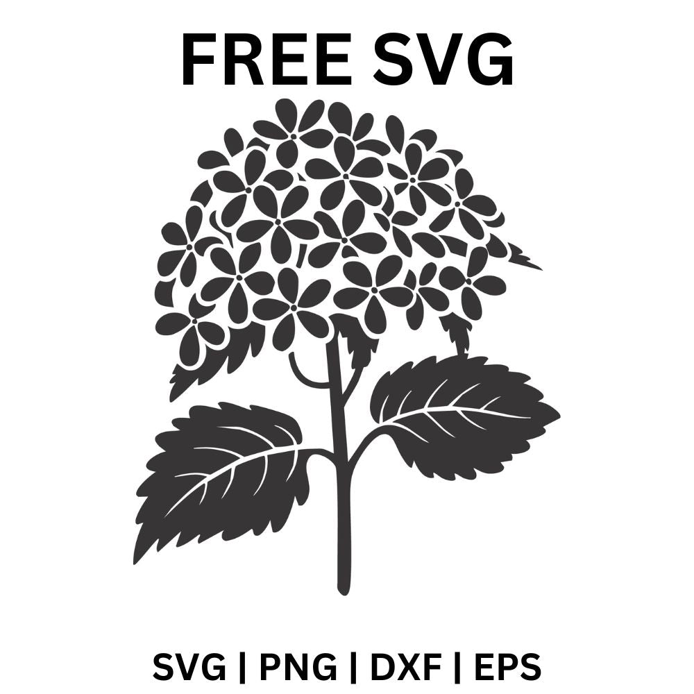Dark gray hydrangea silhouette with a round cluster of small four petal blooms on a stem with two serrated leaves, free hydrangea SVG cut file preview.