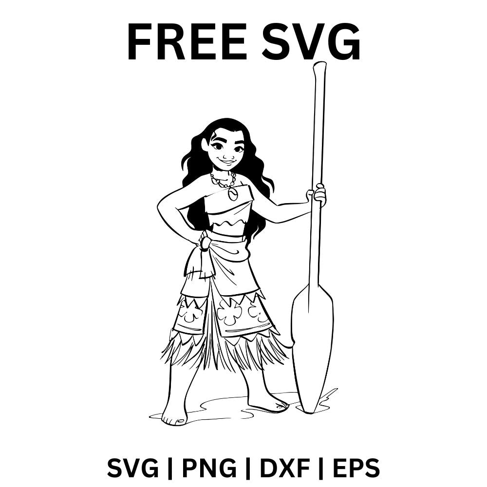 Black line art of a confident island girl standing with a hand on her hip beside a tall wooden oar, free island girl with oar outline SVG cut file preview.