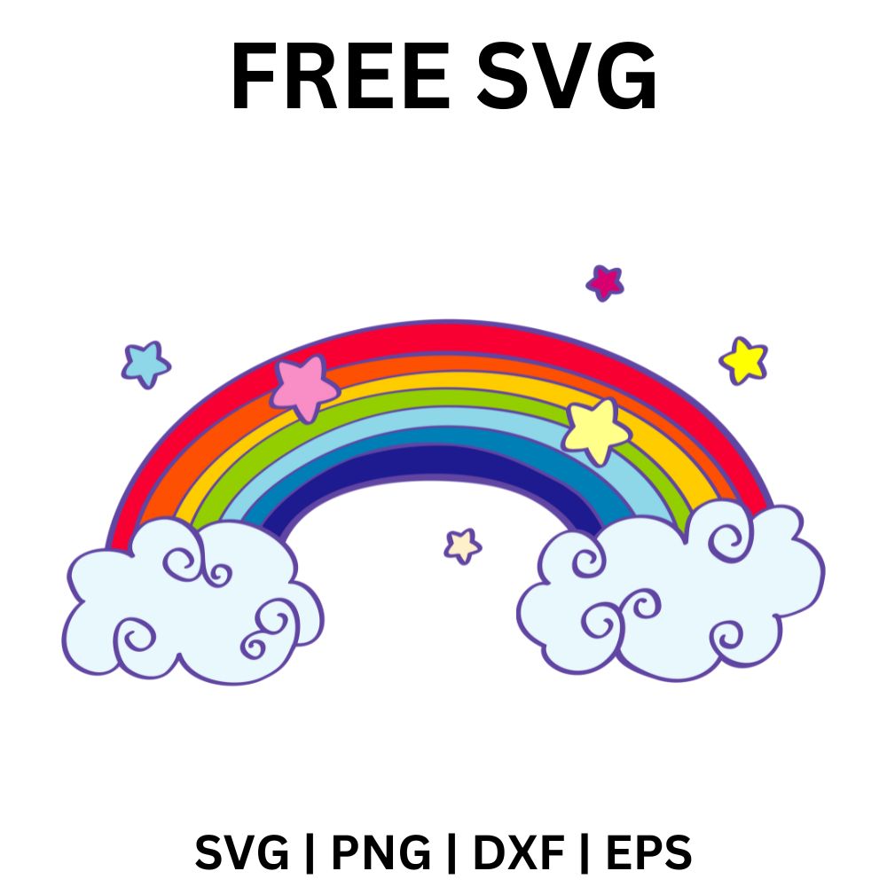 Cute kawaii rainbow arch resting on two swirly pale blue clouds with little pastel stars around it, free rainbow SVG cut file preview.