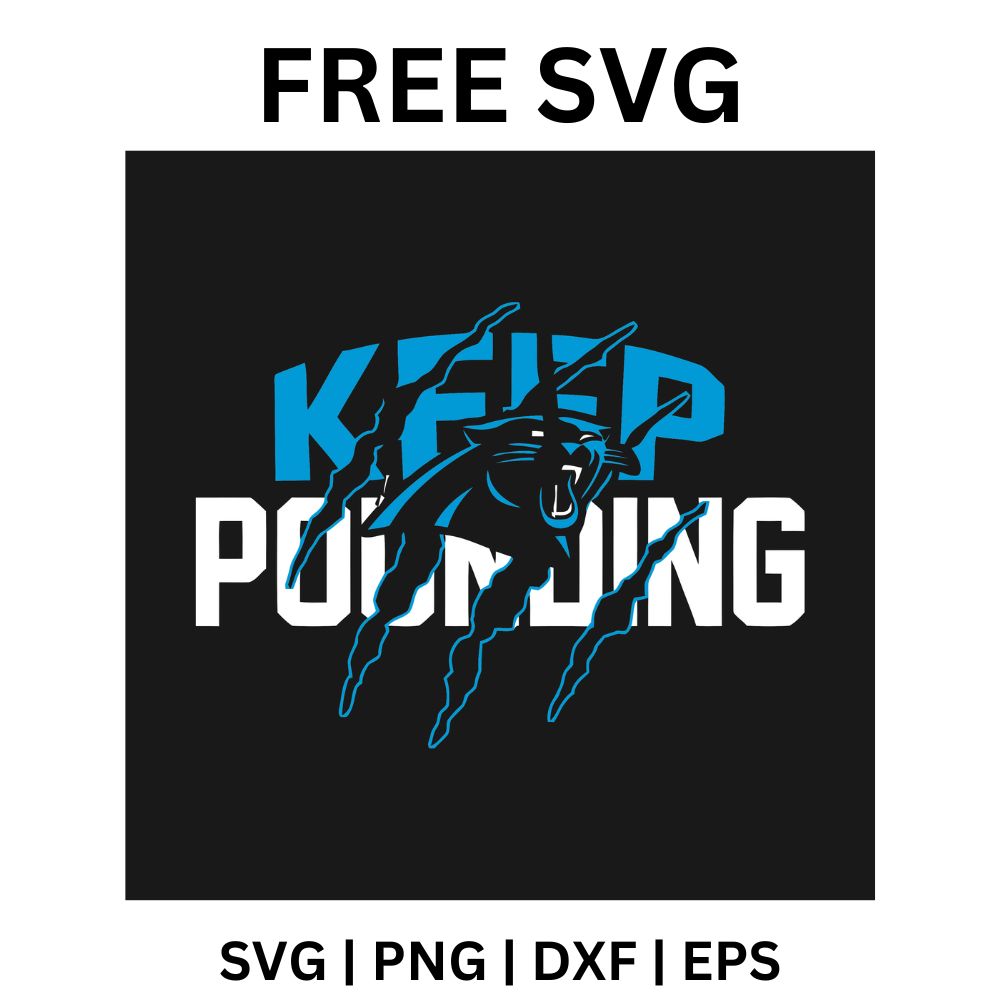 Bold blue Keep and white Pounding lettering with a panther head and claws breaking through, on a black square, free keep pounding football SVG cut file preview.