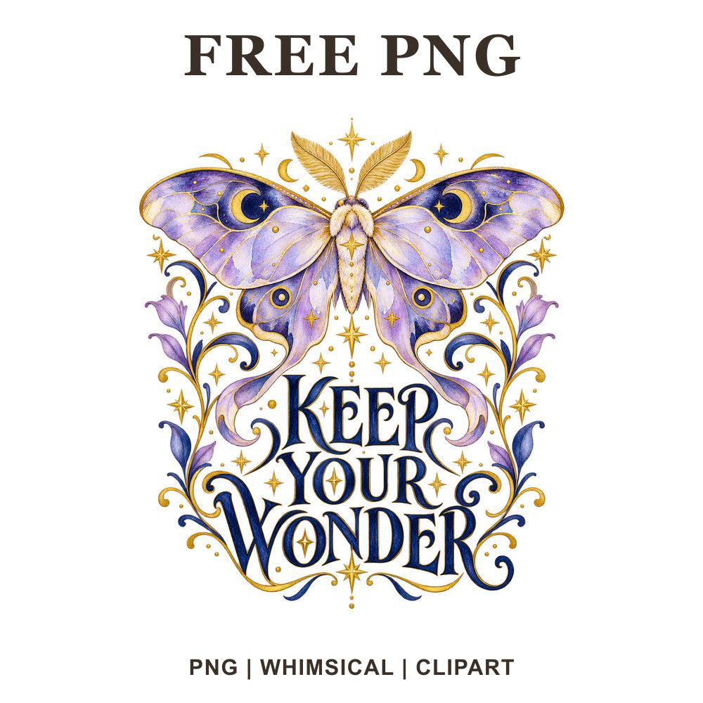 Lavender luna moth with gold moons and stars above Keep Your Wonder navy lettering with gold sparkles and flourishes, free motivational PNG clipart preview.