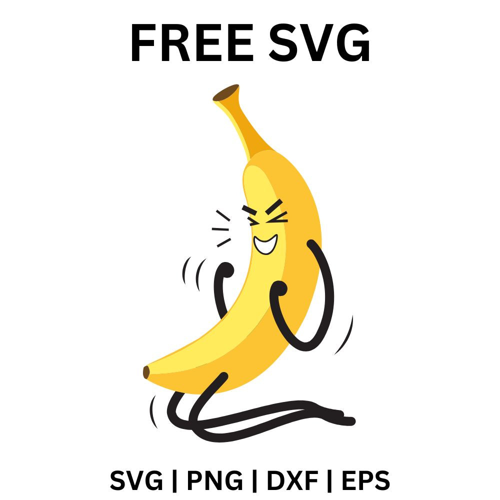 Cartoon yellow banana character laughing with eyes closed, peel flaps out and skinny crossed legs, free dancing banana SVG cut file preview.