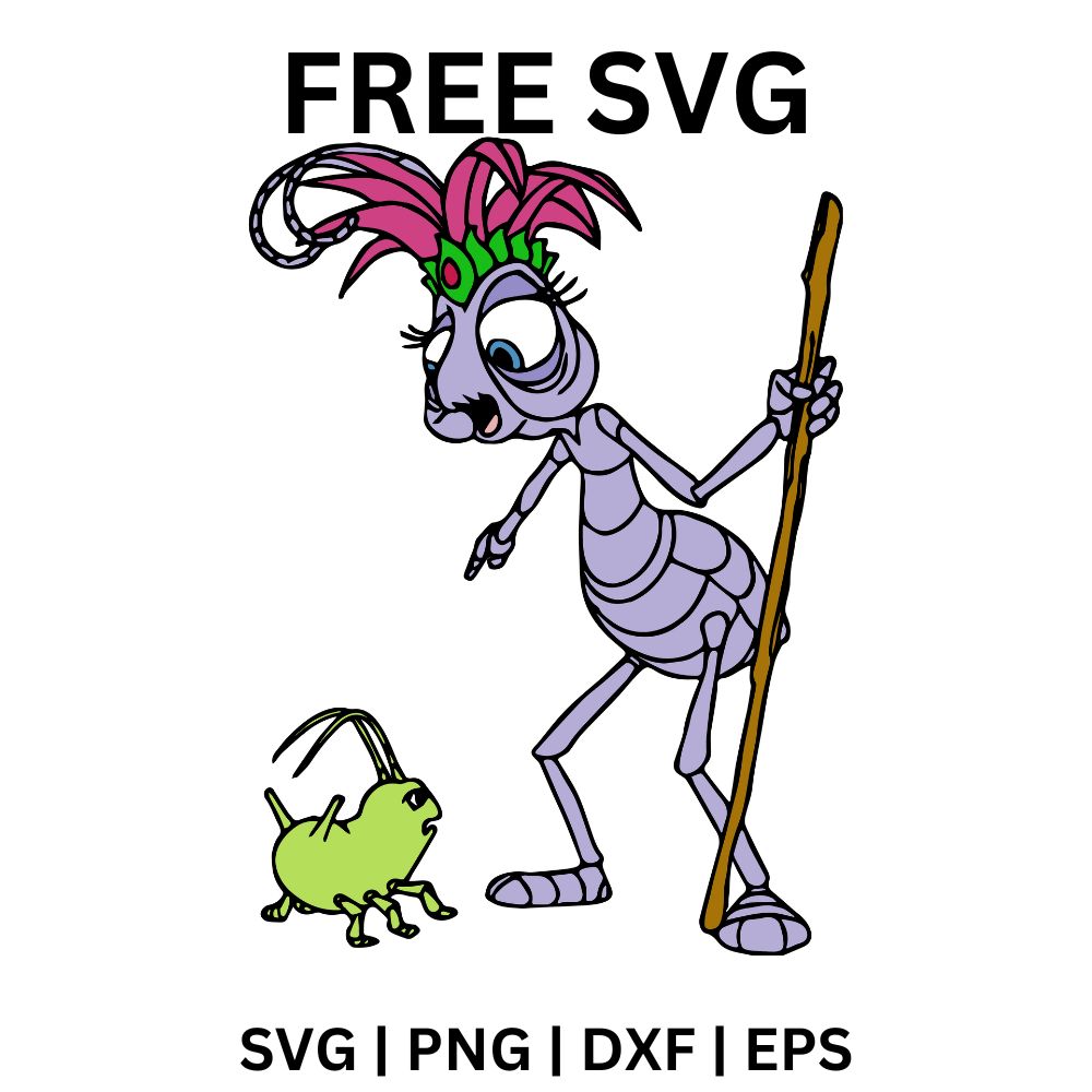 Tall lavender cartoon ant queen with a colorful feather crown holding a wooden staff beside a small green bug, free cartoon ant queen SVG cut file preview.