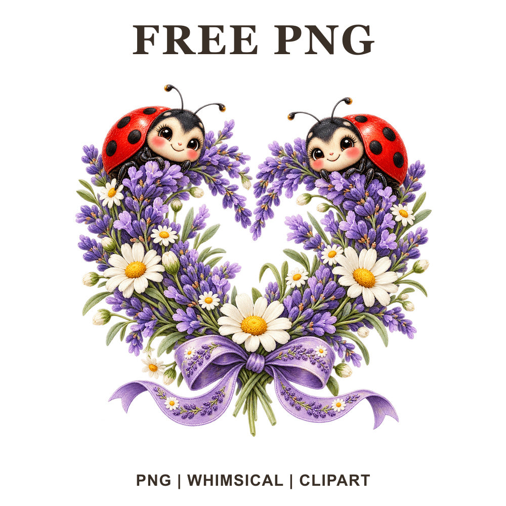 Two cute ladybugs on a heart wreath of purple lavender and white daisies with a lavender ribbon, free garden heart PNG