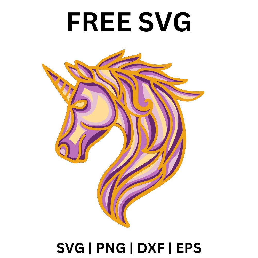 Layered unicorn head in profile with a striped horn and a swirling mane in purple, pink and orange layers, free layered unicorn head SVG cut file preview.