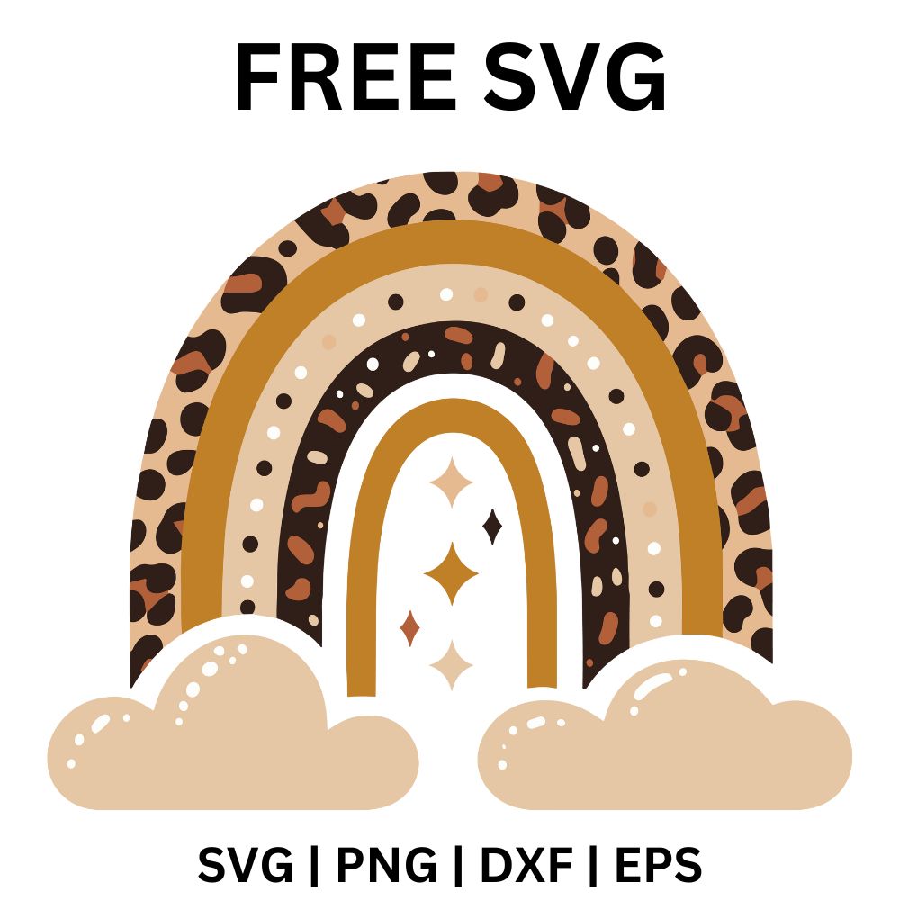 Brown and tan boho rainbow with leopard print bands, dotted stripes and small sparkles in the center, resting on two beige clouds, free leopard boho rainbow SVG cut file preview.