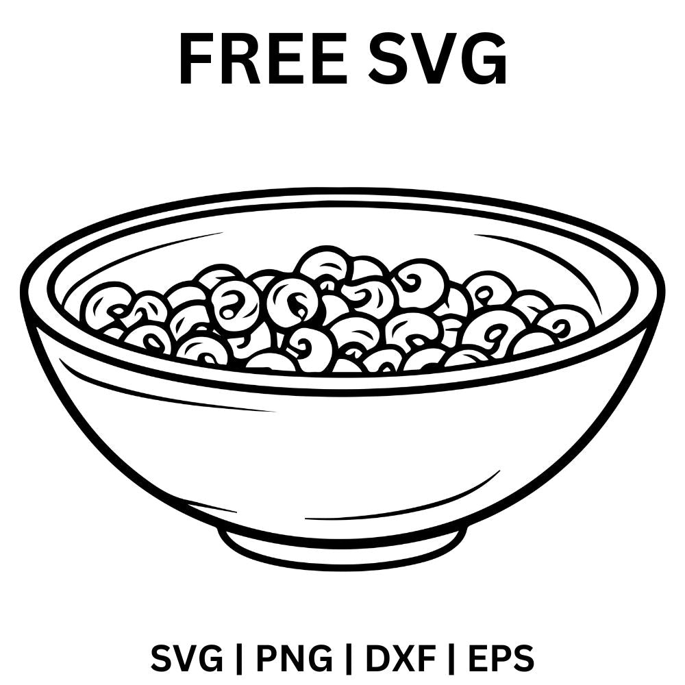Black line art bowl heaped with round cereal rings and loops, free cereal bowl SVG cut file preview.
