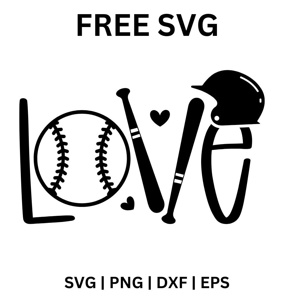 Playful Love lettering with a baseball as the O, a batting helmet on top, a bat for the V and a small heart, free baseball love SVG cut file preview.