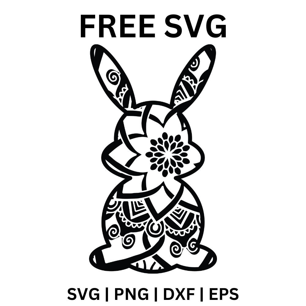 Black line art sitting bunny filled with a mandala flower, swirls and lace patterns, free mandala Easter bunny SVG cut file preview.