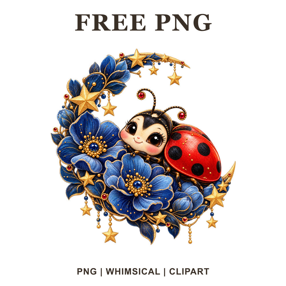 Cute ladybug clipart on a crescent moon with blue flowers and gold stars, free whimsical moon garden PNG