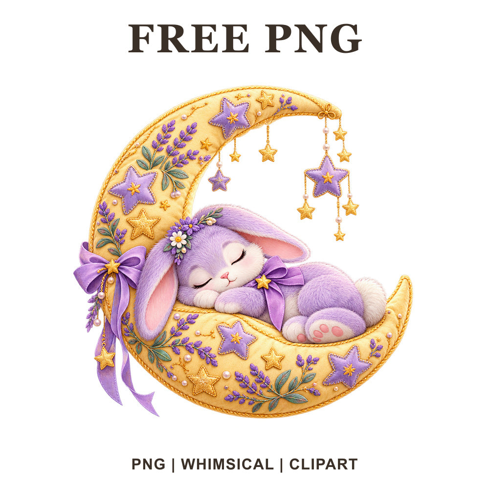 Sleeping lavender bunny on a golden crescent moon with purple stars, lavender sprigs and a purple bow, free bunny PNG
