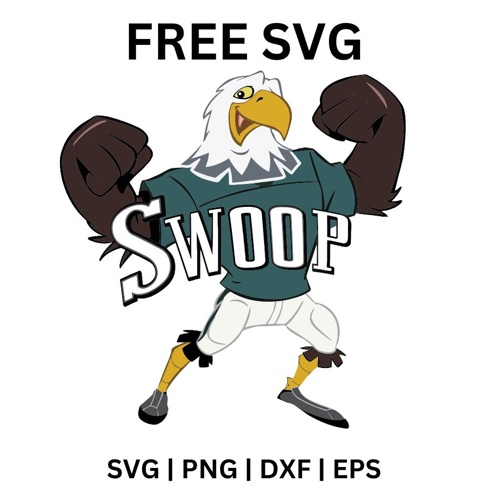 Muscular cartoon eagle mascot flexing both arms in a green football jersey and white pants, free football eagle mascot SVG cut file preview.
