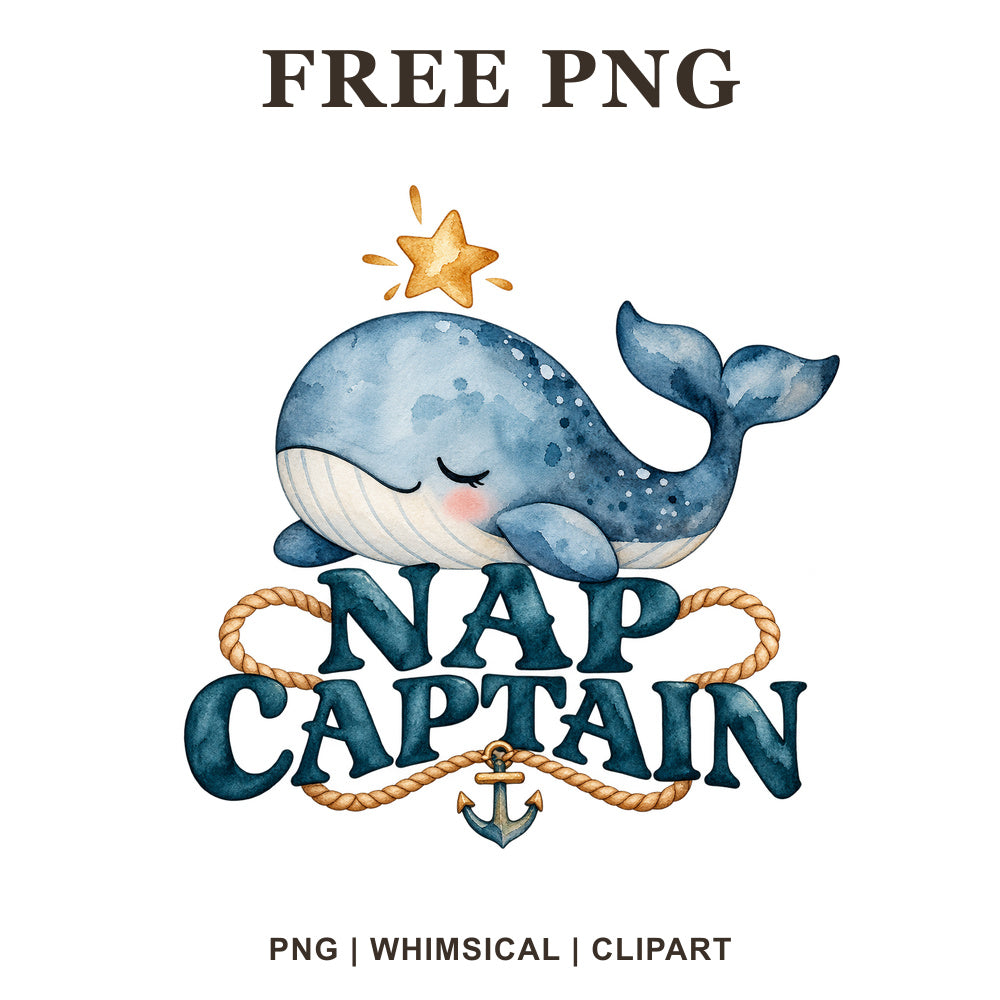 Sleeping blue whale with a gold star above Nap Captain navy lettering framed by rope and an anchor, free nautical baby onesie PNG clipart preview.