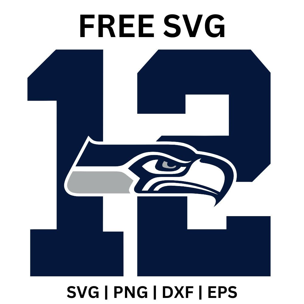 Big navy block number 12 with a navy and gray hawk head logo laid across the middle of the digits, free football number SVG cut file preview.