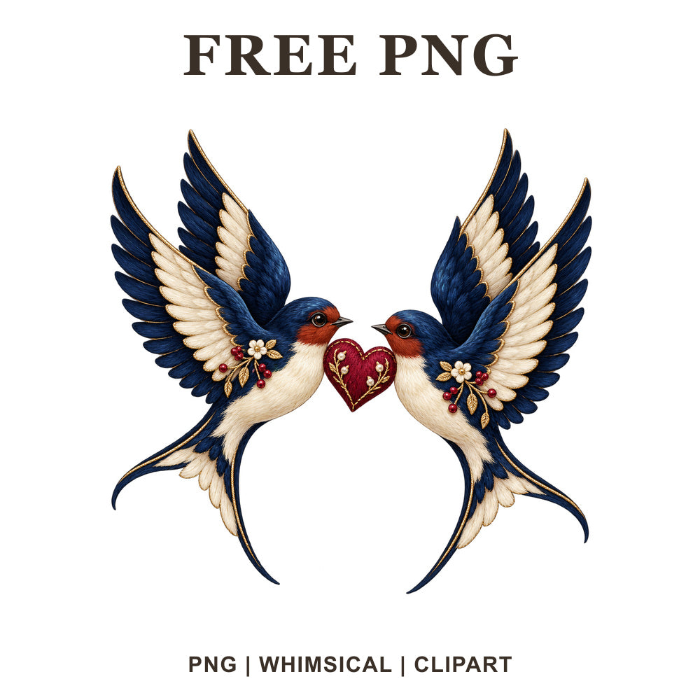 Two navy and cream swallows facing each other with a red floral heart between them, free swallow heart PNG