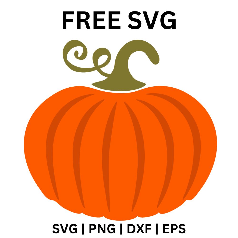 Bright orange pumpkin with dark orange vertical ribs and an olive green stem with curly vine tendrils, free fall pumpkin SVG cut file preview.