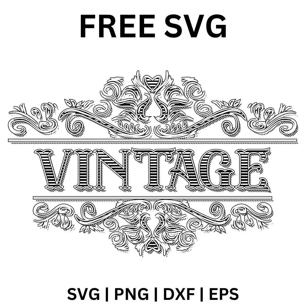 Ornate black and white scrollwork frame with flourishes around bold striped vintage block lettering, free vintage ornate frame SVG cut file preview.