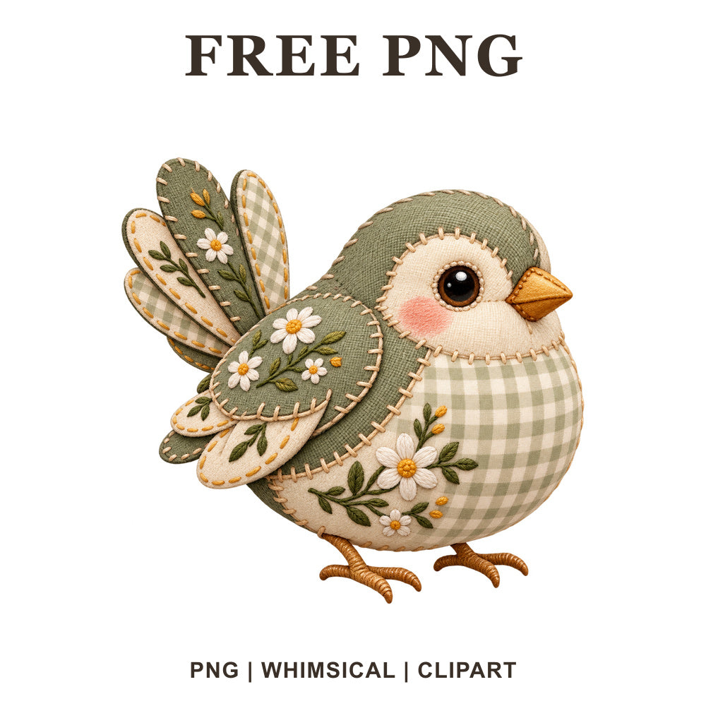 Patchwork style finch with sage green gingham feathers and embroidered daisies, free cute bird PNG