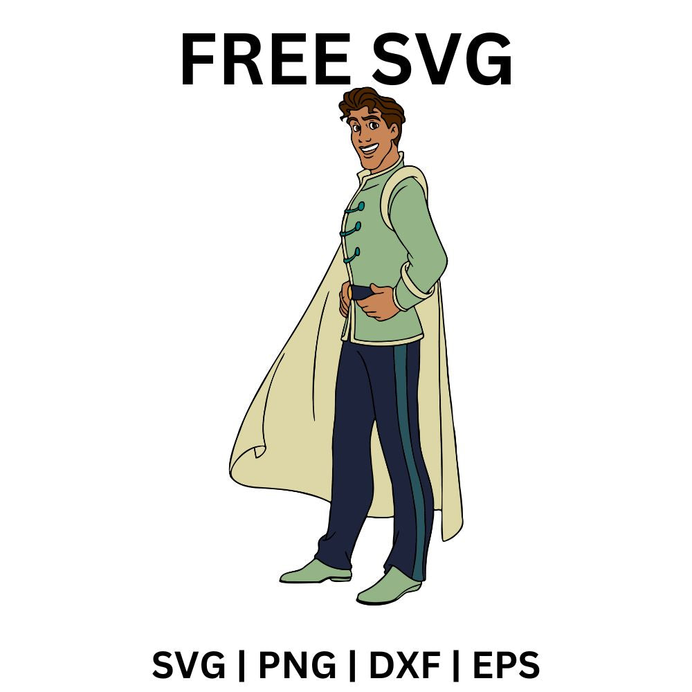Cartoon prince in a pale green tunic and navy trousers posing sideways with one hand on his hip and a flowing cream cape, free royal prince SVG cut file preview.