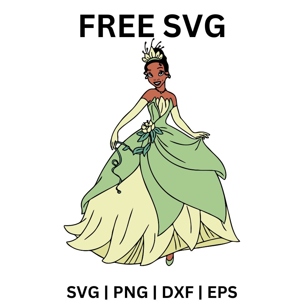 Cartoon princess with a flower tiara and long gloves twirling in a layered green petal ballgown, free princess ballgown SVG cut file preview.