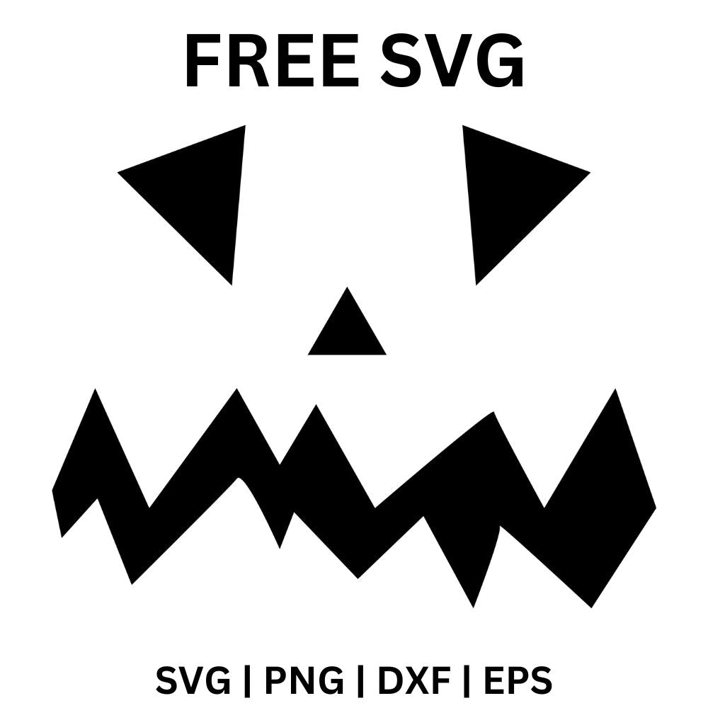 Black pumpkin face cutout with two large triangle eyes, a small triangle nose and a jagged lightning-bolt zigzag mouth, free Halloween pumpkin face SVG cut file preview.