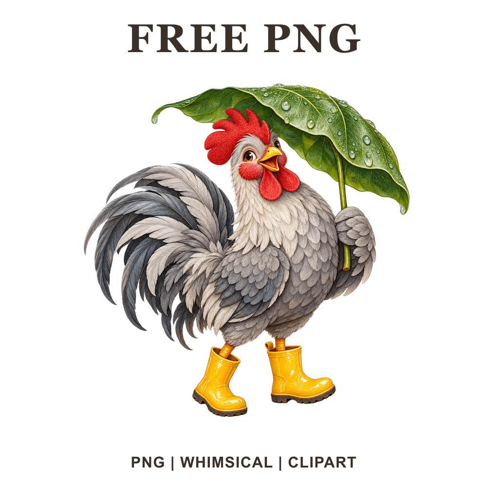 Gray rooster in yellow rain boots holding a green leaf umbrella with raindrops, free rainy day rooster PNG