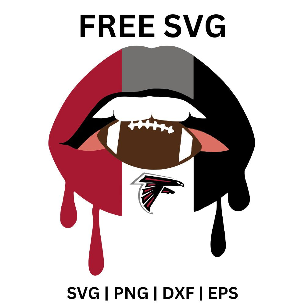 Red, gray and black striped dripping lips biting a brown football with a small bird emblem below, free dripping lips football SVG cut file preview.