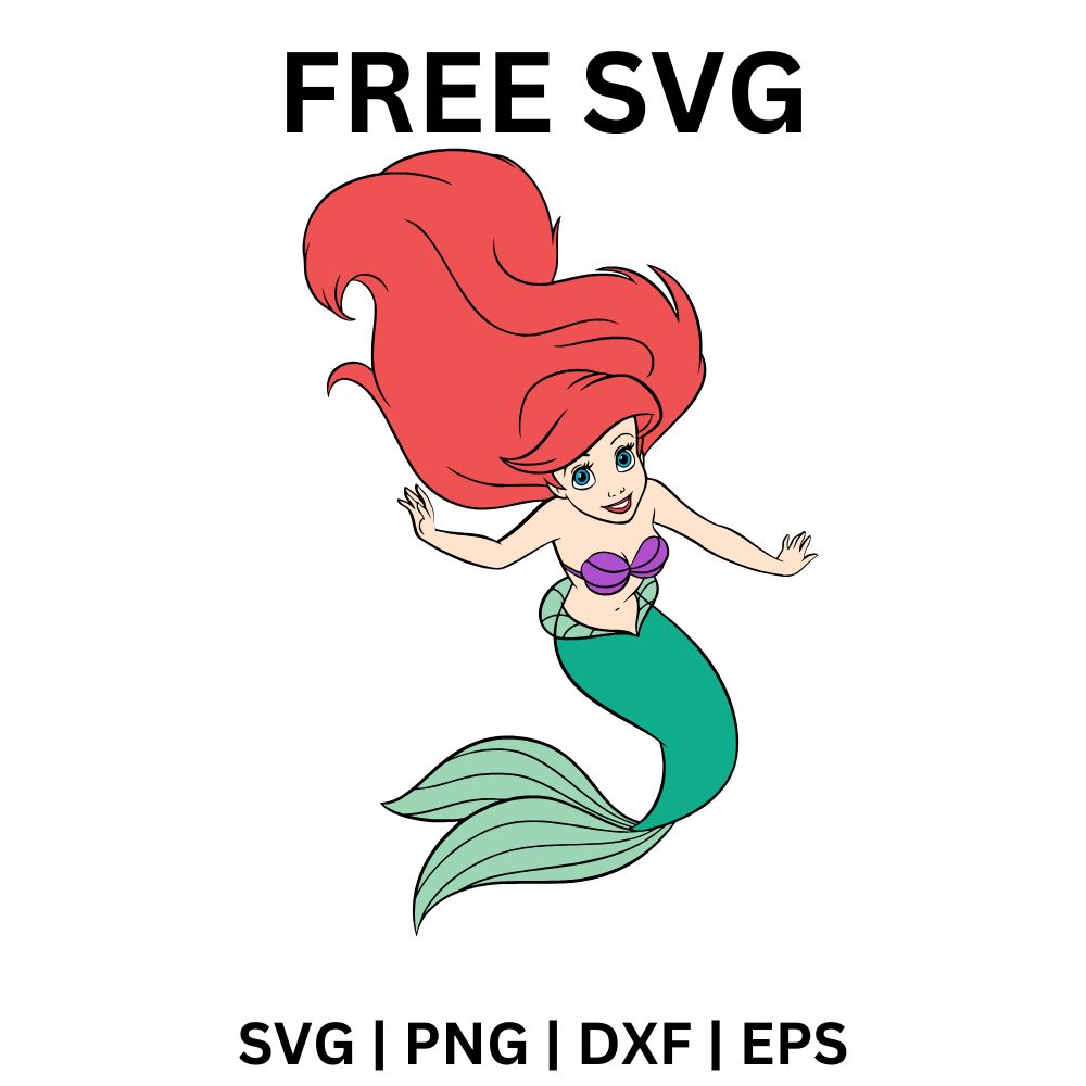 Cartoon mermaid with long flowing red hair and a purple top swimming upward with her green tail curled behind, free mermaid SVG cut file preview.