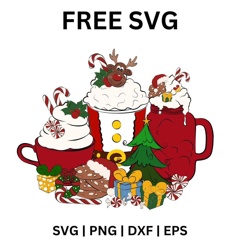 Red holiday mugs topped with whipped cream, candy canes and a reindeer face beside a small green tree, gifts and cookies, free Christmas coffee mugs SVG cut file preview.