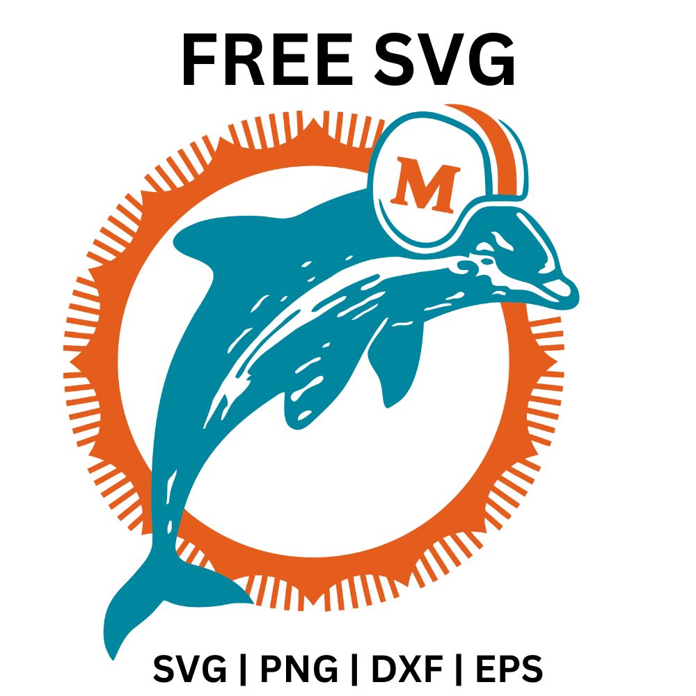 Retro aqua dolphin wearing an orange striped helmet leaping through a jagged orange sun ring, free throwback dolphin SVG cut file preview.