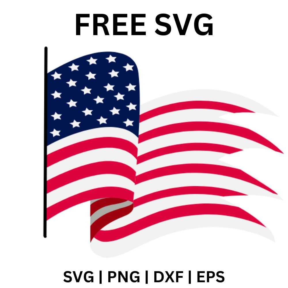 Rippling American flag waving from a short pole with flowing red and white stripes and a navy star corner, free waving flag SVG cut file preview.