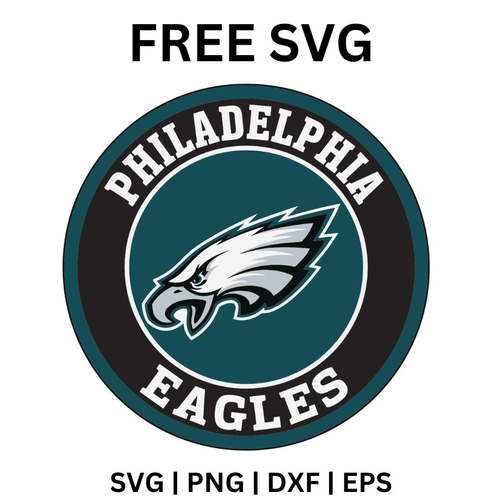 Round black ring emblem with curved white city and team lettering around a white eagle head on a green center, free eagle emblem SVG cut file preview.