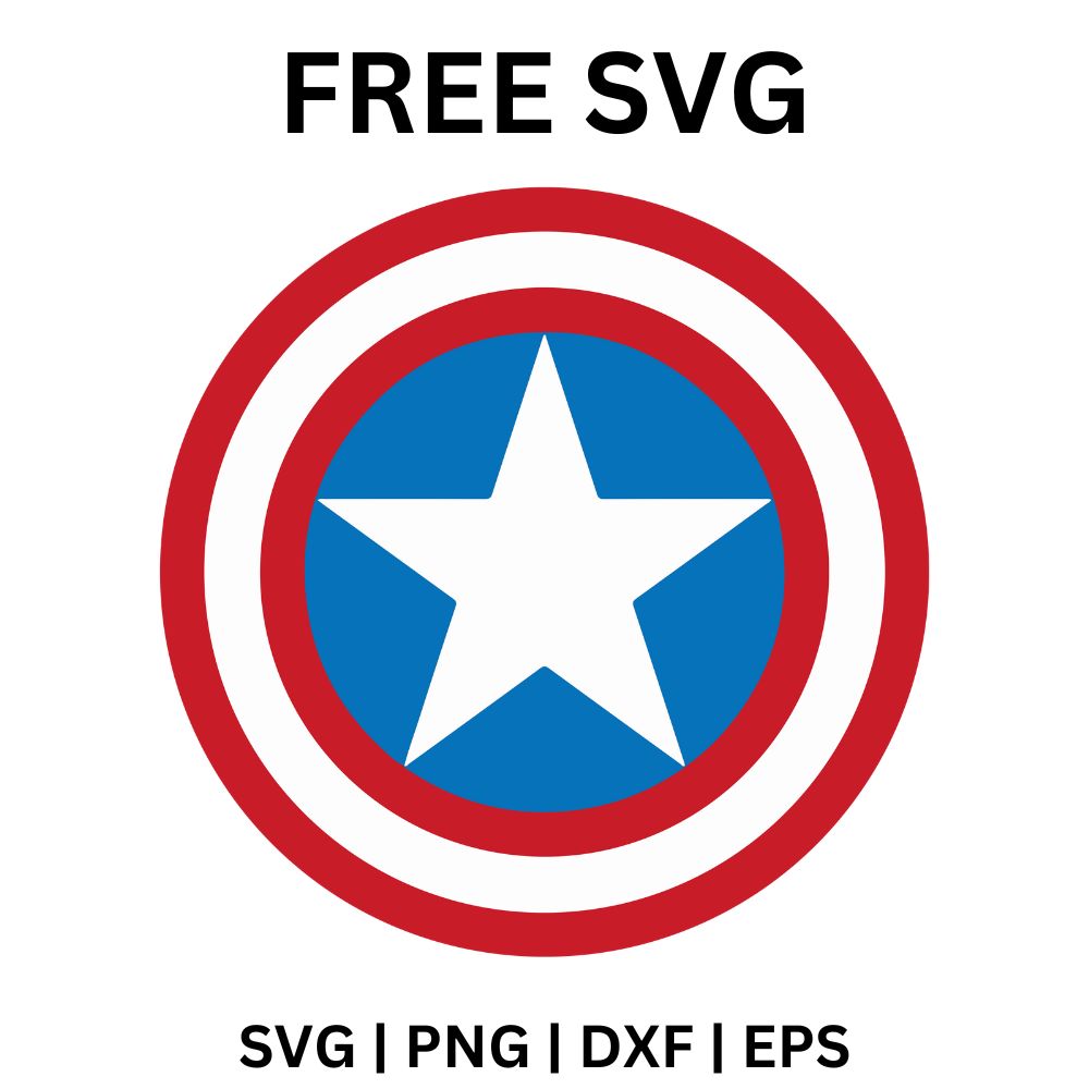 Round shield emblem with red and white concentric rings around a blue center holding a large white star, free star shield emblem SVG cut file preview.