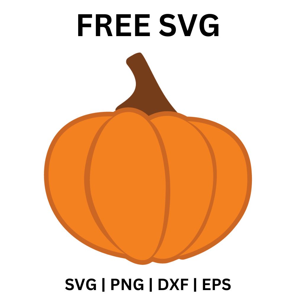 Simple orange pumpkin with darker orange rib lines and a curved brown stem, free fall pumpkin SVG cut file preview.