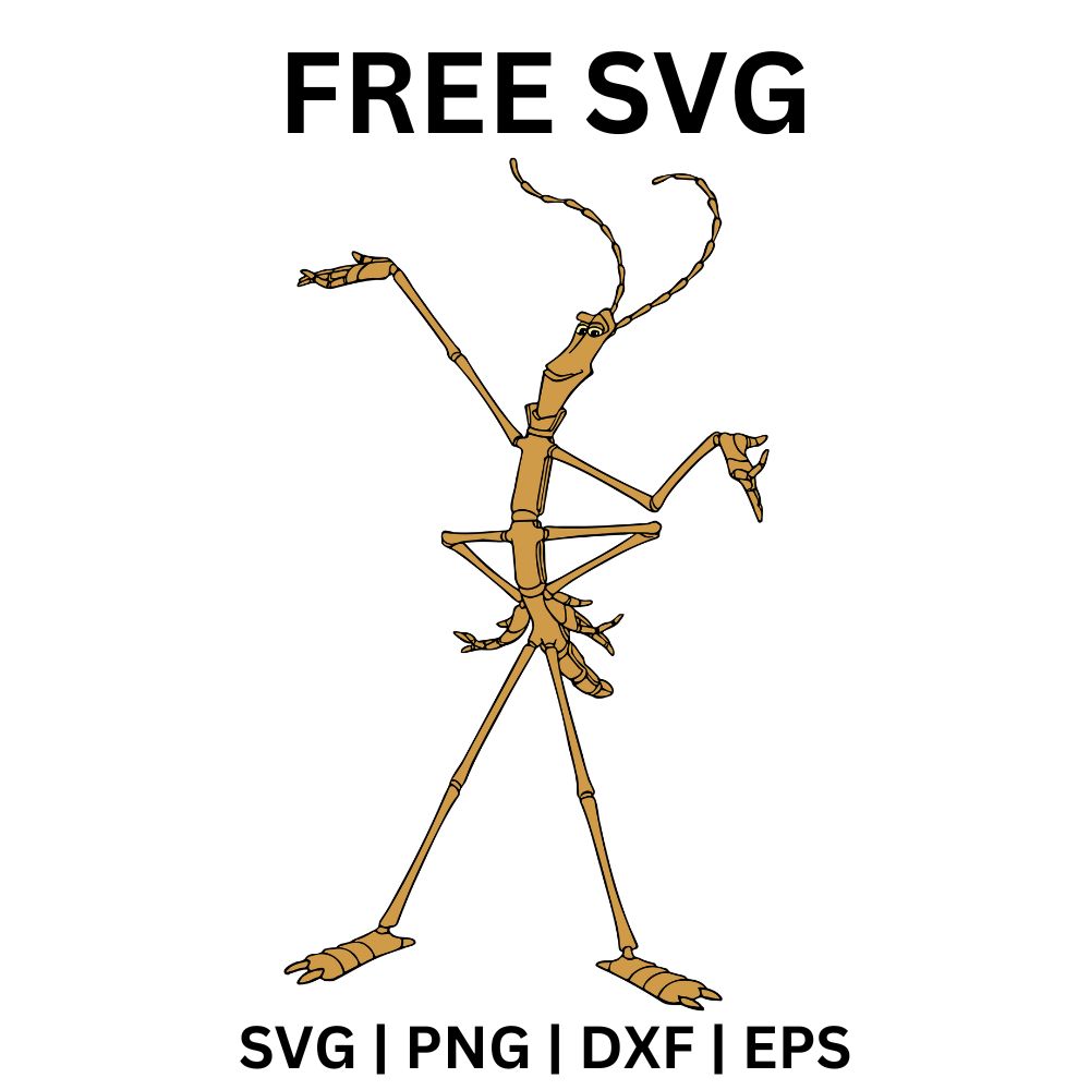 Skinny tan cartoon stick insect with long twig like limbs standing upright and waving one arm, free cartoon stick insect SVG cut file preview.