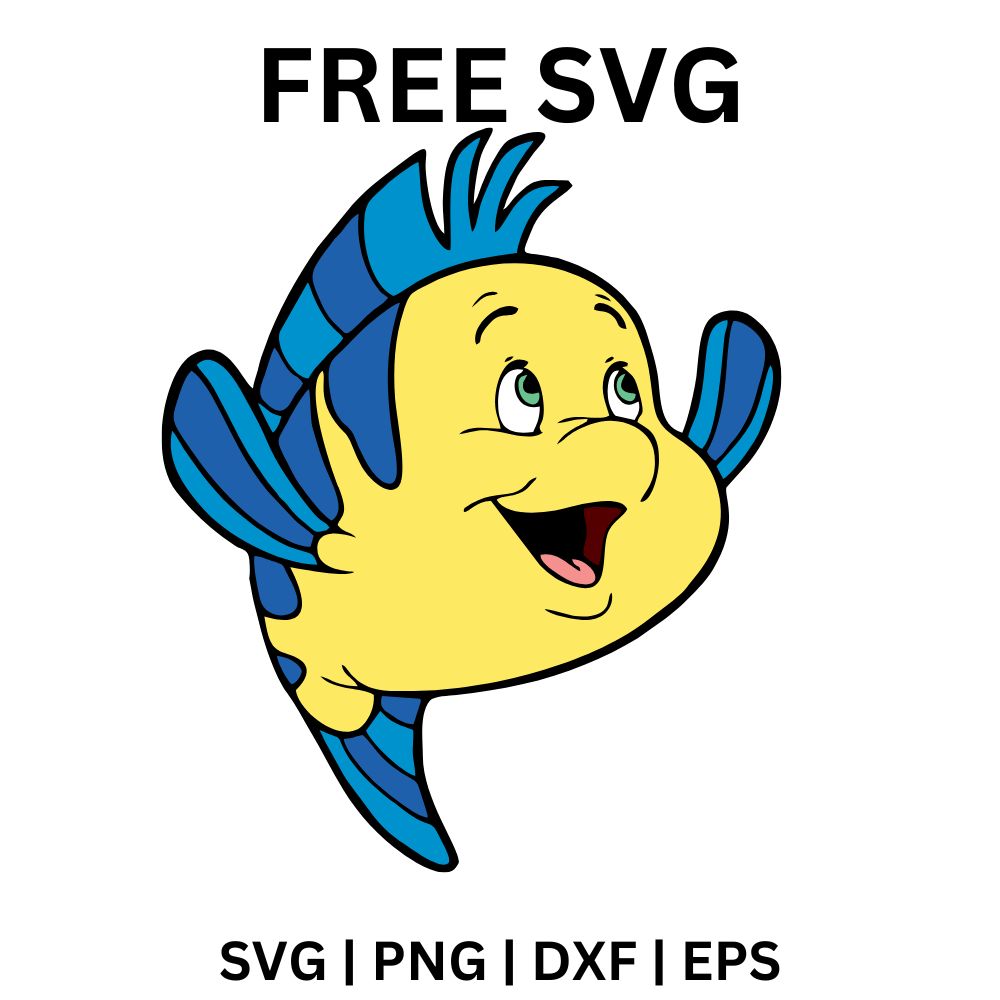 Sweet smiling yellow cartoon tropical fish with blue stripes, big friendly eyes and flowing blue fins, free tropical fish SVG cut file preview.
