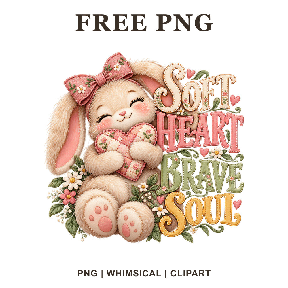 Sleepy cream bunny with a pink bow hugging a heart beside Soft Heart Brave Soul pink and gold lettering, free bunny PNG
