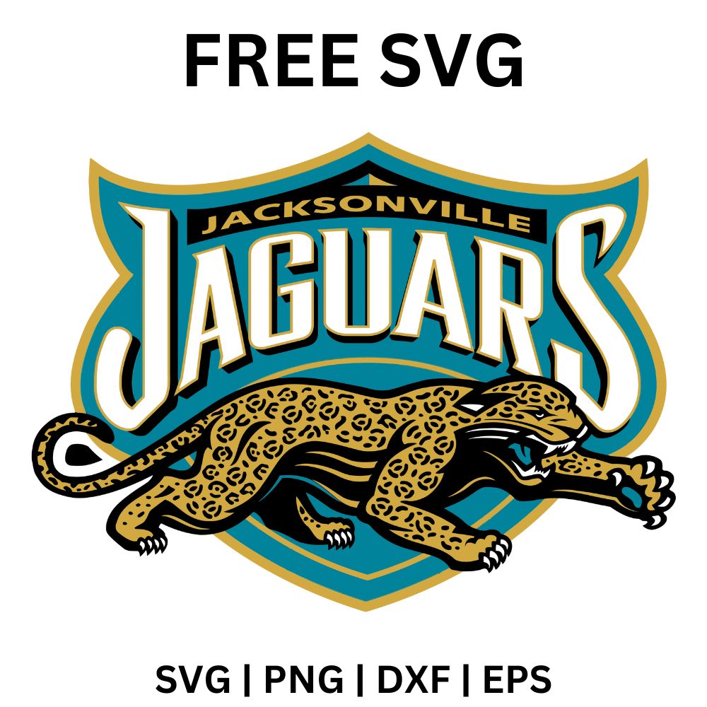 Gold spotted jaguar leaping beneath a teal and black shield with a gold banner and bold teal team wordmark, free leaping jaguar football SVG cut file preview.