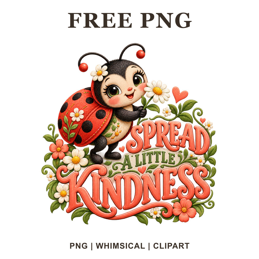 Cute ladybug clipart with a heart and red flowers beside Spread a Little Kindness coral lettering, free kindness PNG