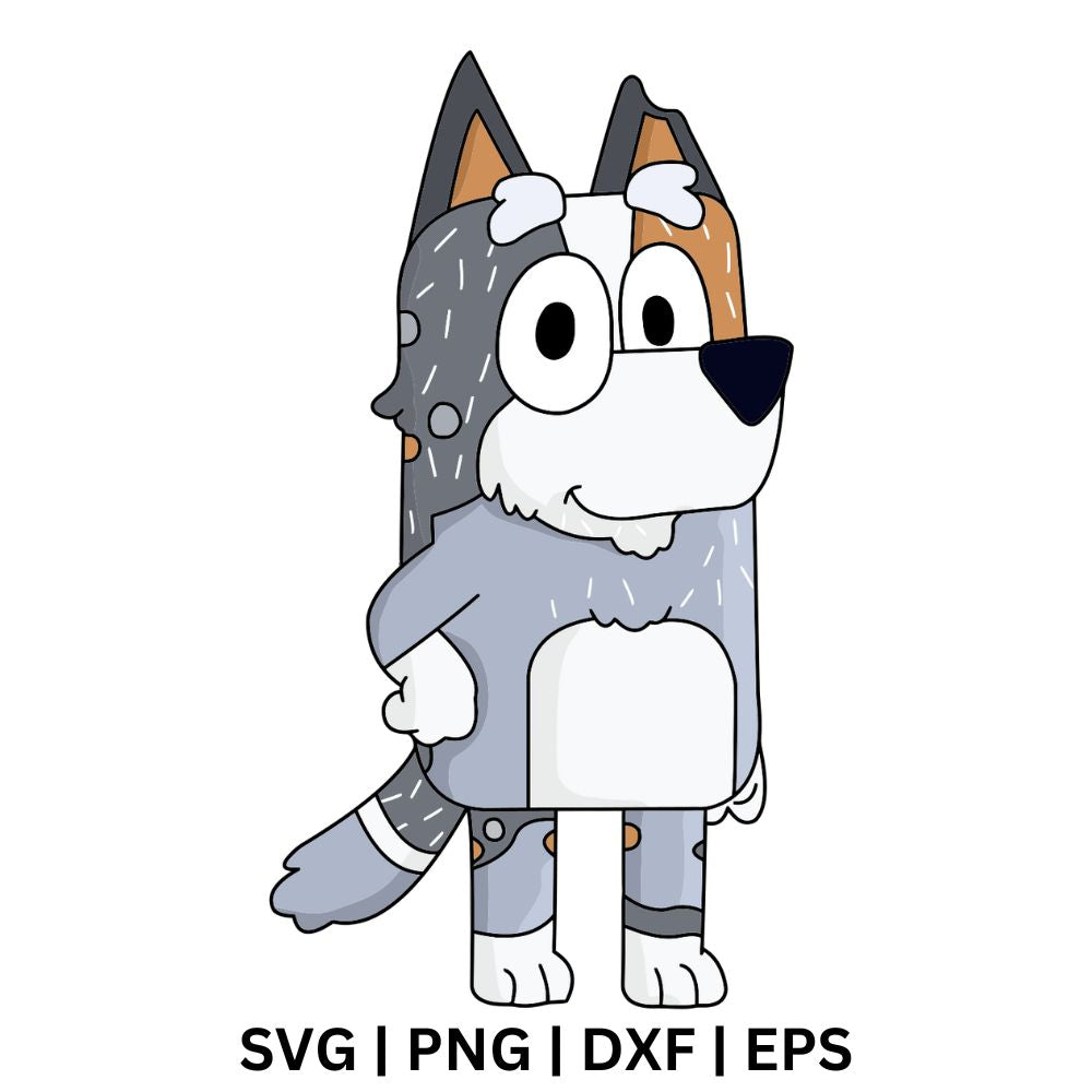 Standing cartoon dog with gray speckled fur, a white chest, a tan patch on one ear and a hand on its hip, free cartoon dog SVG cut file preview.