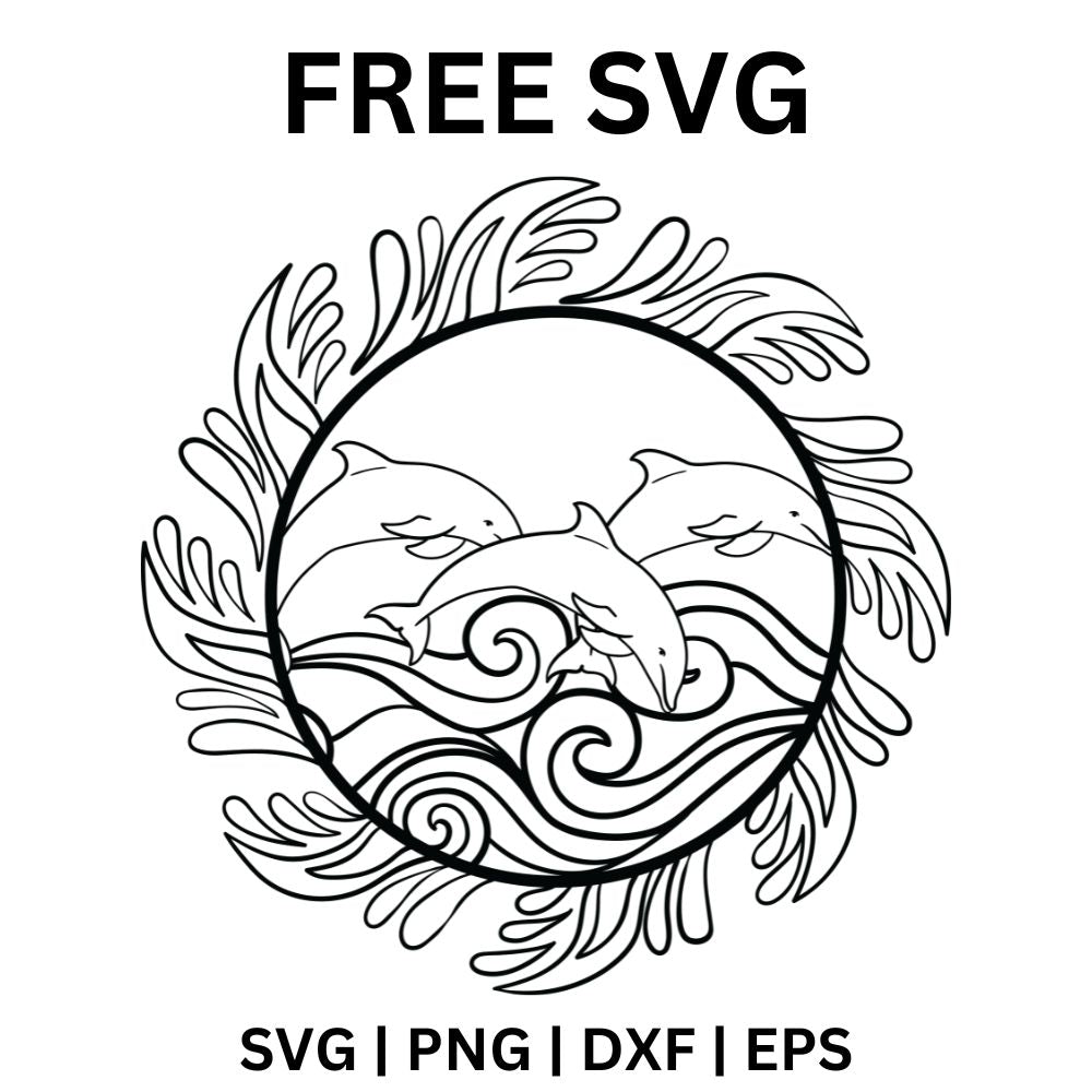 Black line art circle of three leaping dolphins over curling ocean waves with a ring of swirling water around it, free dolphin waves SVG cut file preview.
